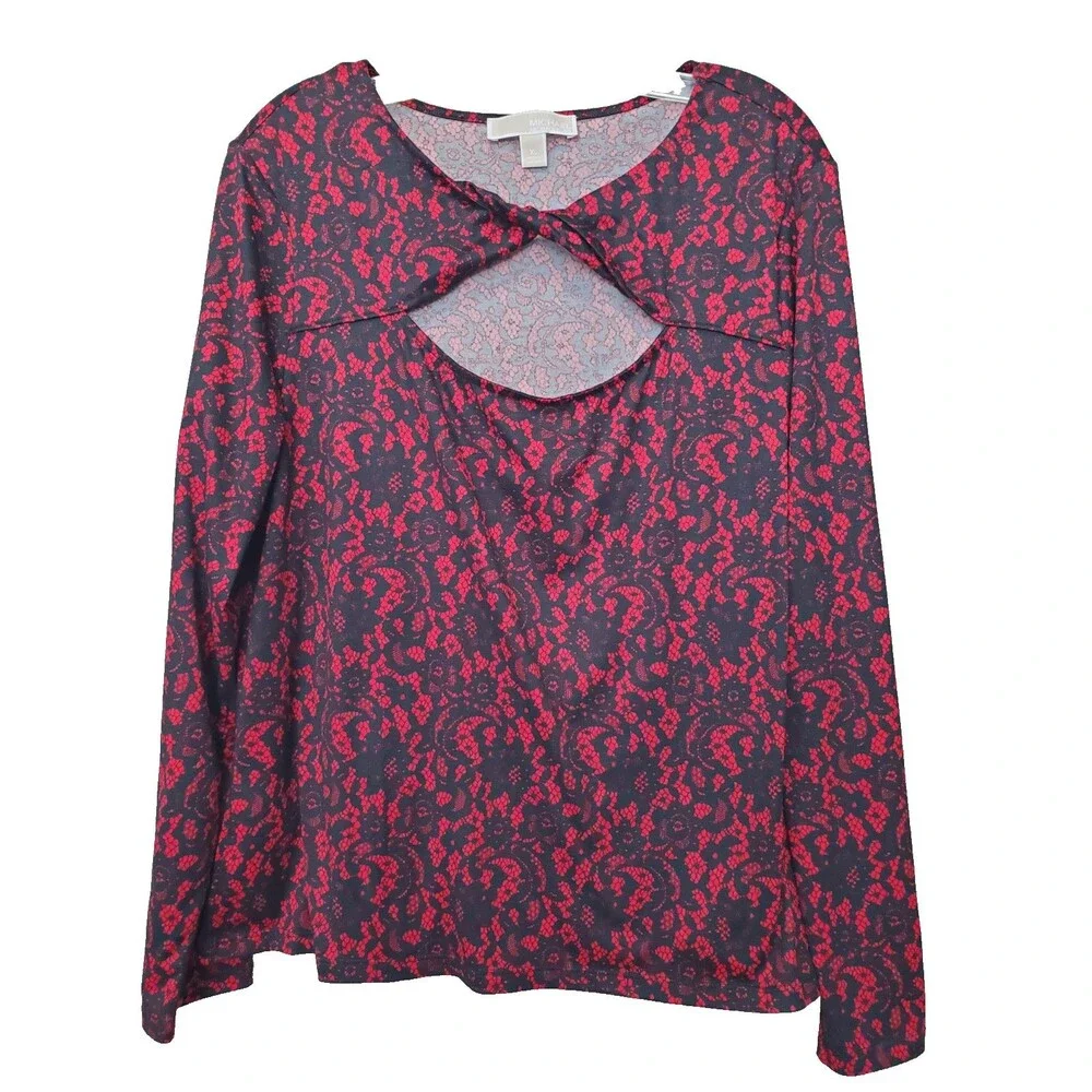 Michael Michael Kors Red/Black Lace Print Front Cut-Out Long Sleeve Blouse Sz XL
